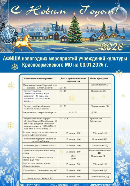 Афиша Новогодних мероприятий учреждений культуры Красноармейского МО ЧР на 03.01.2026 г.
